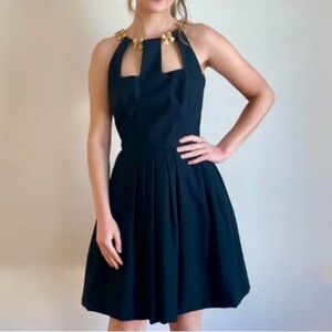 A.J. Bari Vintage Black Mini Dress Fit Flare Cage Cutout Gold Bow Detail 4 NWT